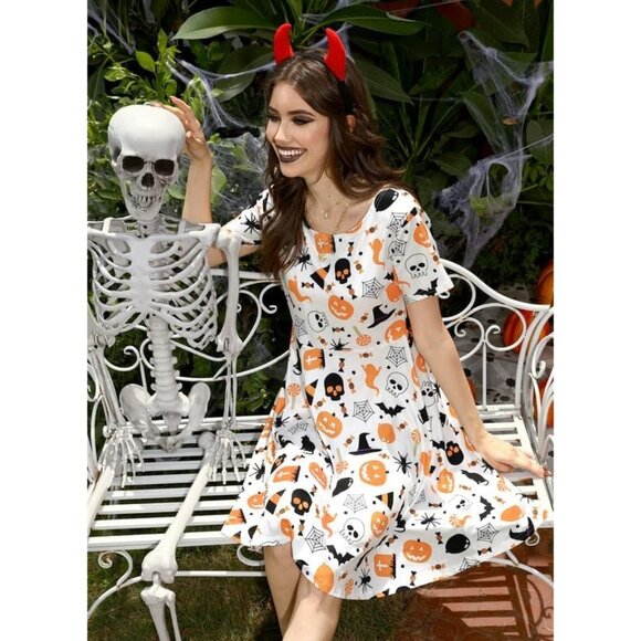 Halloween Dress for Women Short Sleeves Vintage Style A-Line Party Dresses - Picture 3 of 7